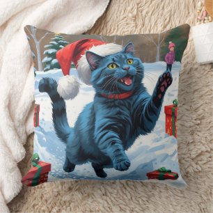 Russische blaue Katze mit Weihnachtsmütze Kissen