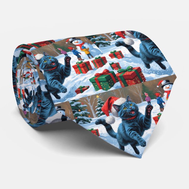 Russische blaue Katze mit Weihnachtsmütze Krawatte (Gerollt)