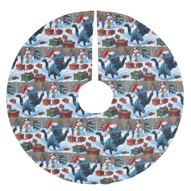 Russische blaue Katze mit Weihnachtsmütze Polyester Weihnachtsbaumdecke (Vorderseite)