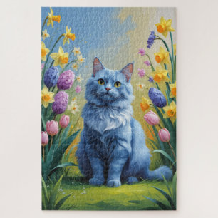 Russische Blauen Katzen Frühlingsblumen Malerei