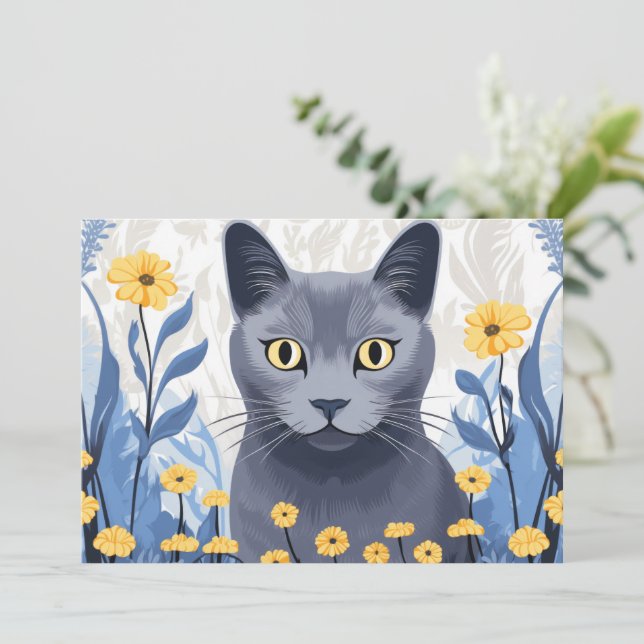 Russische Blaukatzengelbe Blumen Feiertagskarte (Stehend Vorderseite)