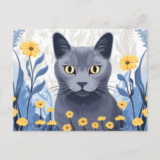 Russische Blaukatzengelbe Blumen Feiertagspostkarte