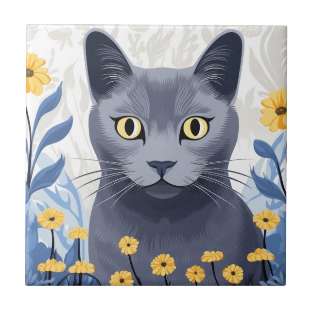 Russische Blaukatzengelbe Blumen Fliese (Vorderseite)