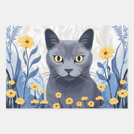 Russische Blaukatzengelbe Blumen Geschenkpapier Set