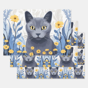 Russische Blaukatzengelbe Blumen Geschenkpapier Set