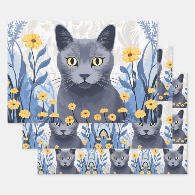 Russische Blaukatzengelbe Blumen Geschenkpapier Set (Set)