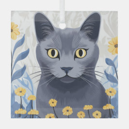 Russische Blaukatzengelbe Blumen Ornament Aus Glas