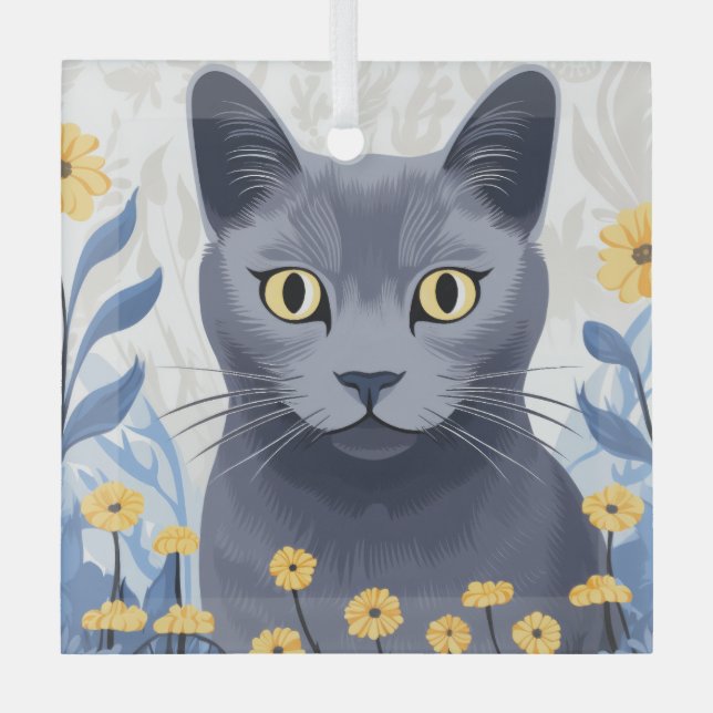 Russische Blaukatzengelbe Blumen Ornament Aus Glas (Vorderseite)