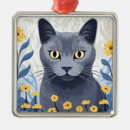 Russische Blaukatzengelbe Blumen Ornament Aus Metall