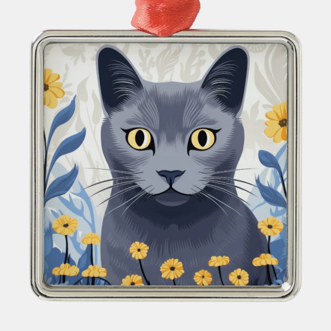 Russische Blaukatzengelbe Blumen Ornament Aus Metall (Vorne)