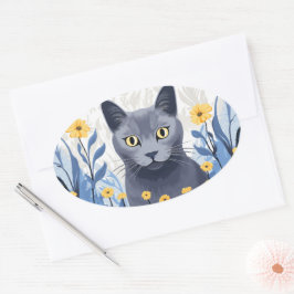 Russische Blaukatzengelbe Blumen Ovaler Aufkleber