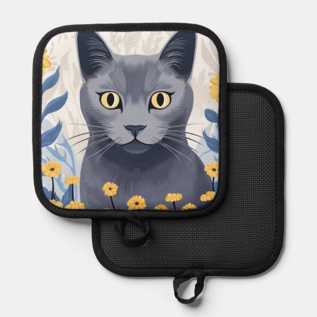 Russische Blaukatzengelbe Blumen Topflappen (Vorderseite/Rückseite)