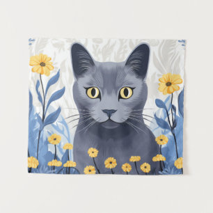 Russische Blaukatzengelbe Blumen Wandteppich