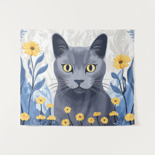 Russische Blaukatzengelbe Blumen Wandteppich