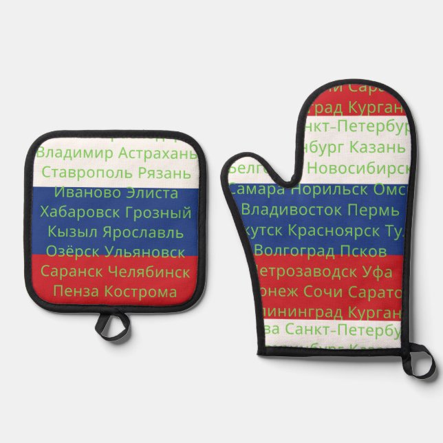 Russische Flaggenfarben mit Städten Ofenhandschuh & Topflappen-Set (Vorderseite)