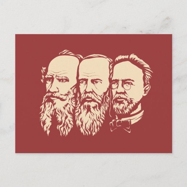 Russische Troika: Tolstoy, Dostoevsky, Tschechow Postkarte (Vorderseite)