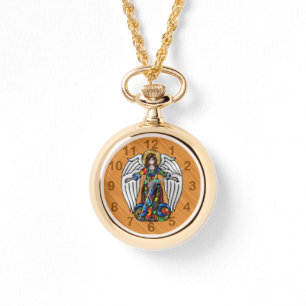 Russischer Engel auf Kirschholz-Hintergrund Armbanduhr