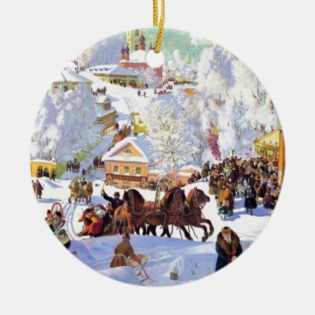 Russisches Dorf im Winter Keramikornament (Vorne)