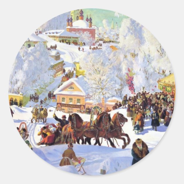 Russisches Dorf im Winter Runder Aufkleber (Vorderseite)
