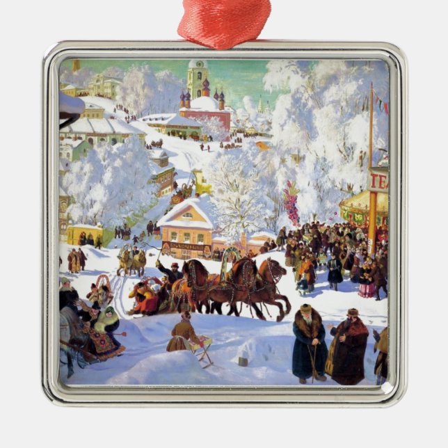 Russisches Dorf im Winter Silbernes Ornament (Vorne)