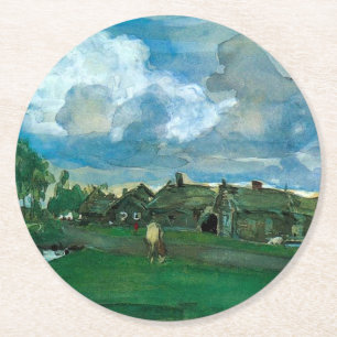 Russisches Dorf Valentin Serov Runder Pappuntersetzer