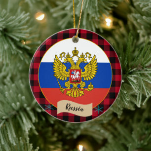 Russland, Roter Büffel kariert und Russische Flagg Keramik Ornament