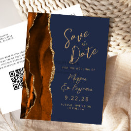 Rust Agate Navy Blue Script QR-Code Save the Date Ankündigungspostkarte