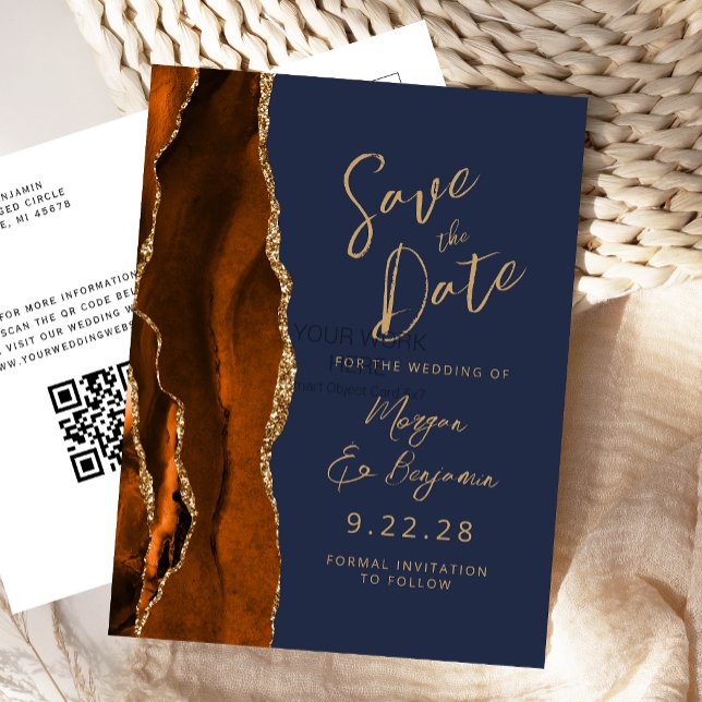 Rust Agate Navy Blue Script QR-Code Save the Date Ankündigungspostkarte (Von Creator hochgeladen)