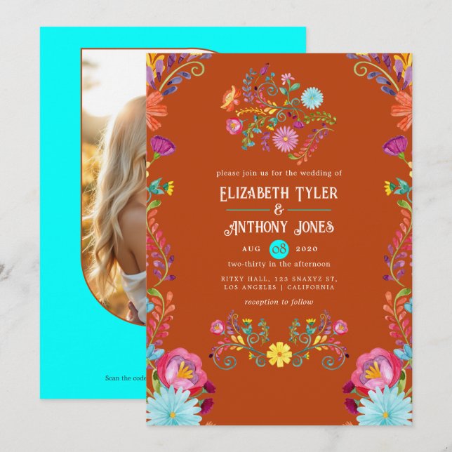 Rust & Aqua Floral Mexican Fiesta Wedding Einladung (Vorne/Hinten)