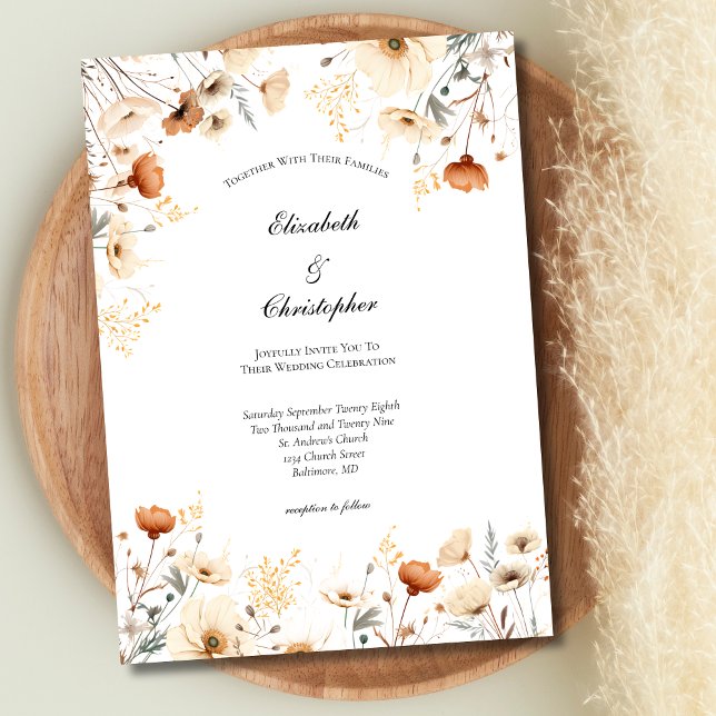 Rust Beige Boho Wildblumen Botanische Hochzeit Einladung (Boho Neutral Beige Rust Terracotta Wildflowers Wedding Invitation)