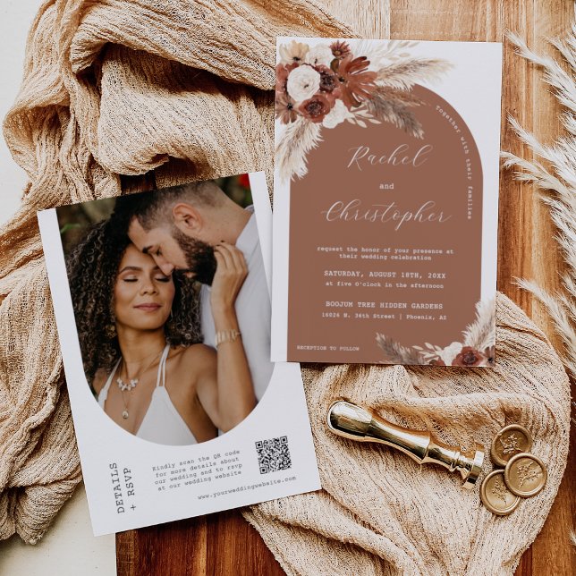 Rust Boho Wedding Pampas Grass Arch Foto QR Code Einladung (Von Creator hochgeladen)