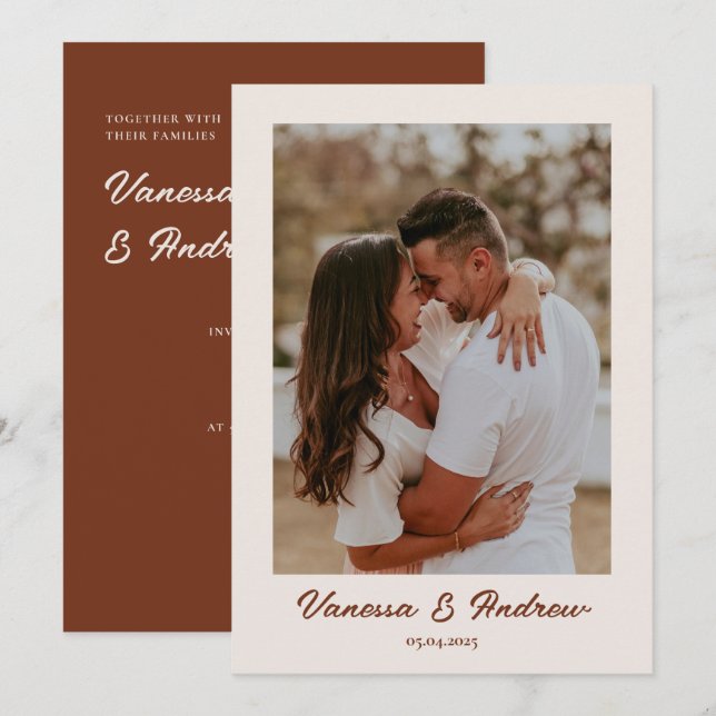 Rust Brown Boho Minimalistische Foto Hochzeit Einladung (Vorne/Hinten)