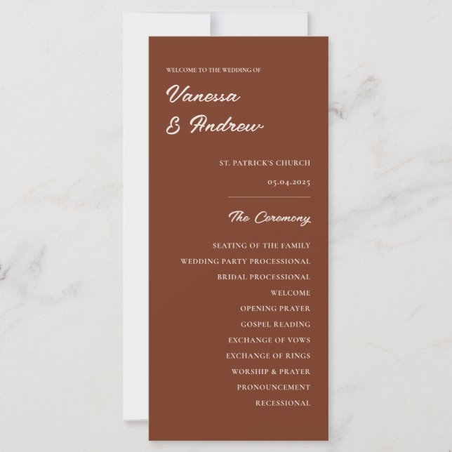 Rust Brown Elegante Modern Wedding Ceremony Card (Vorderseite)