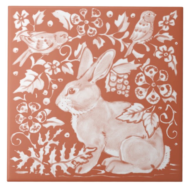 Rust Brown Rabbit Bunny Bird Woodland Rustikal Fliese (Vorderseite)