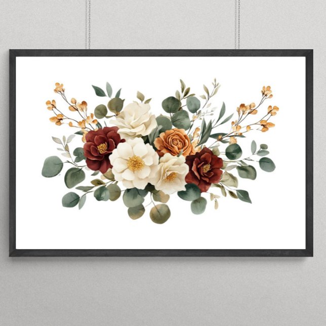 Rust Burgundy Terracotta Creme Florals Botanicale Poster (Burgundy Rust Cream Floral with Eucalyptus Wall Art)