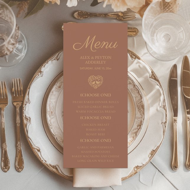 Rust Burnt Orange Wedding Reception Love Birds Menükarte (Terracotta/burnt orange wedding reception menu)