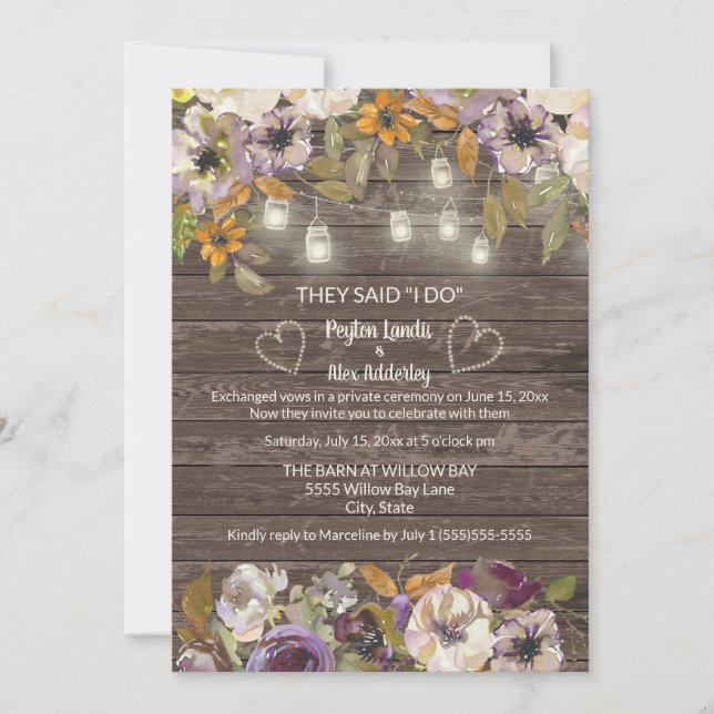 Rust Cream Floral Wood String Lights Elopation Einladung (Vorderseite)
