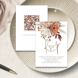 Rust Floral Brown Script QR Code Wedding RSVP Kart Karte