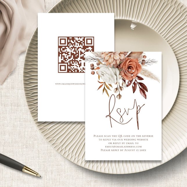 Rust Floral Brown Script QR Code Wedding RSVP Kart Karte (front and back view)