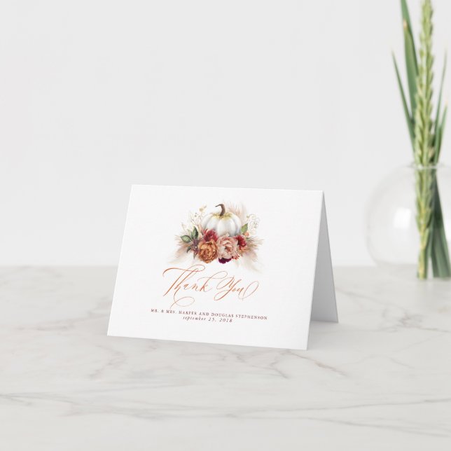 Rust Floral Pampas Grass Pumpkin Wedding Vielen Da Dankeskarte (Vorderseite)