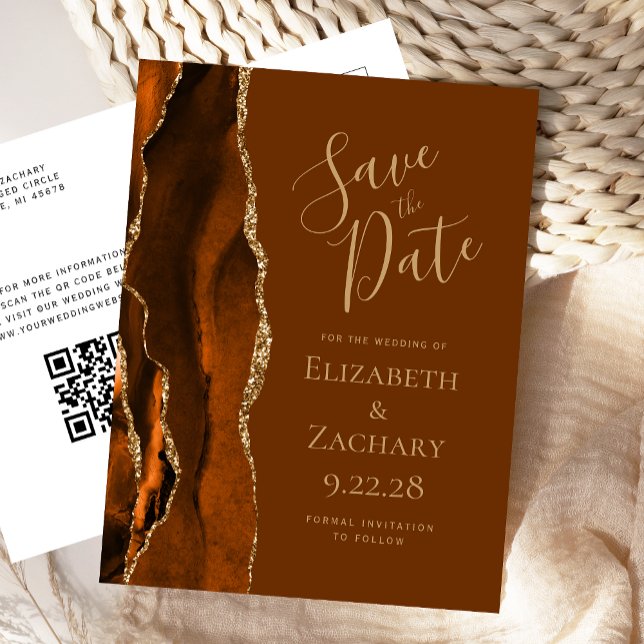 Rust Gold Agate Brown QR-Code Save the Date Ankündigungspostkarte (Von Creator hochgeladen)