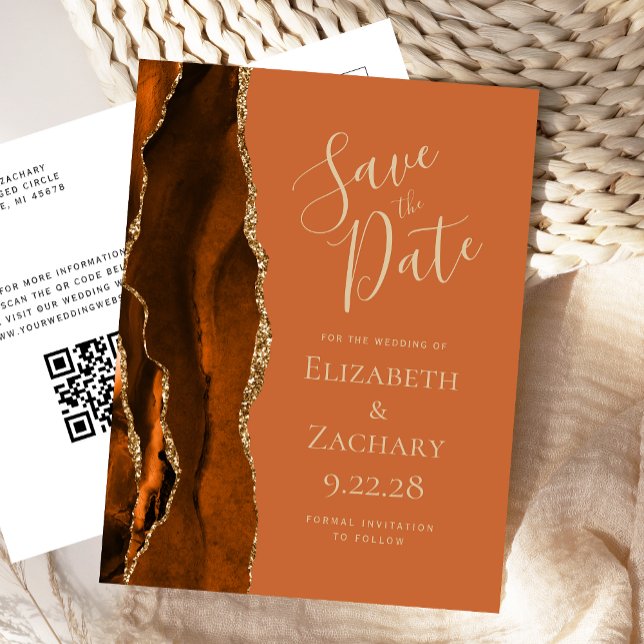 Rust Gold Agate Burnt Orange QR Code Save the Date Ankündigungspostkarte (Von Creator hochgeladen)