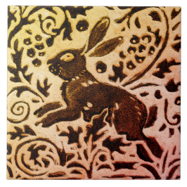 Rust Gold Brown Rabbit Floral Herbst Blätter Batik Fliese
