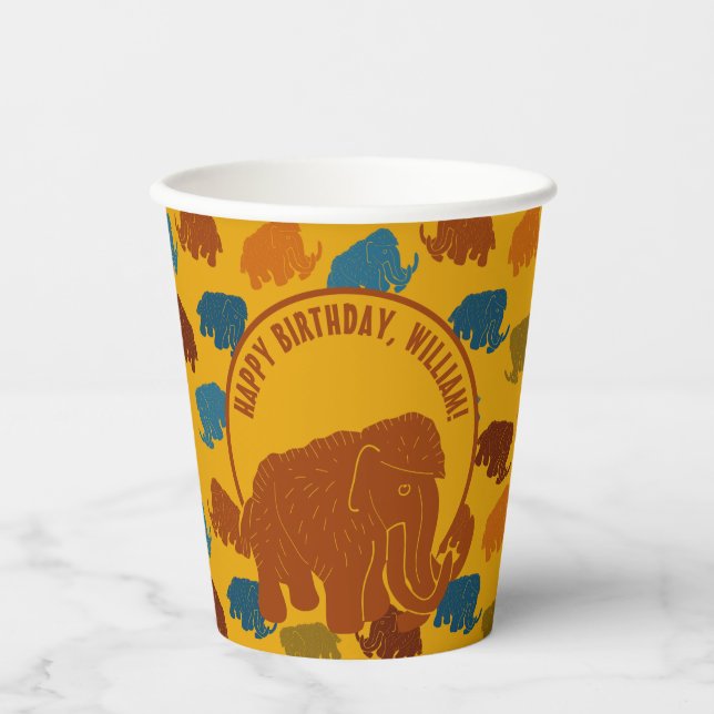 Rust & Gold Cartoon Wooly Mammoth Personalisiert Pappbecher (Vorderseite)