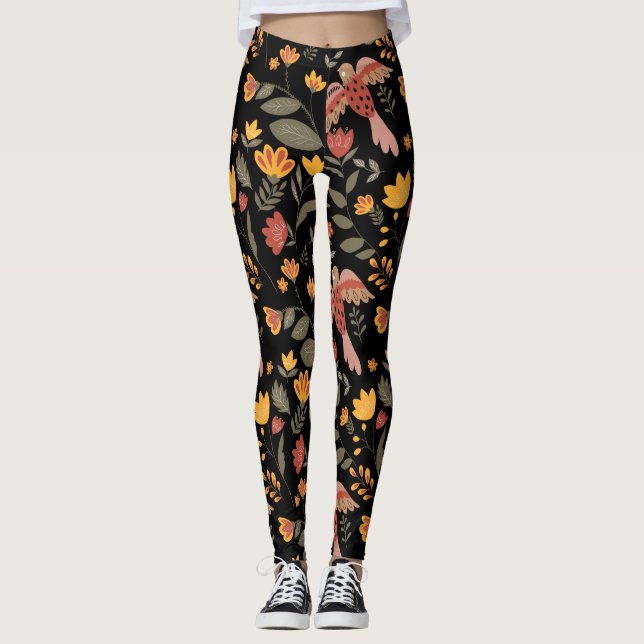 Rust Gold & Green Blume & Birnen auf schwarzen Leg Leggings (Vorderseite)