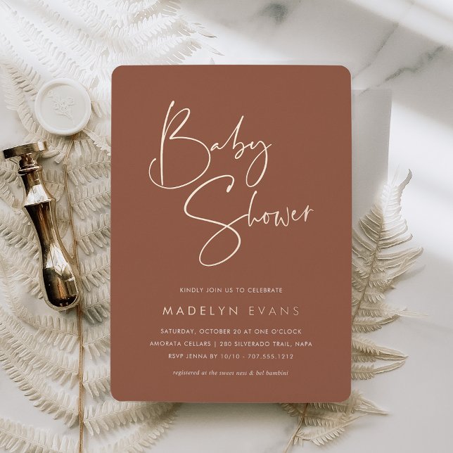 Rust | Modern Minimalist Script Baby Shower Folieneinladung (Von Creator hochgeladen)