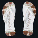 Rust Orange Boho Chic Trauzeugin Hochzeit Flip Flops<br><div class="desc">Diese wunderschönen Hochzeitskippen sind eine großartige Möglichkeit, Ihre Trauzeugin zu danken und zu erkennen, während sie gleichzeitig ihre Füße rette. Das elegante schicke Design mit handgemalten Aquarellfarben-Rose in Rost- und Korallenpfirsichtönen und gebrannten, nummerierten Schriftzeichen zeichnet sich durch ein elegantes bohisches Design aus. Der Test liest Trauzeugin mit ihrem Namen unten....</div>