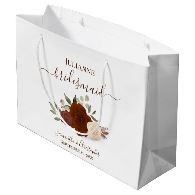Rust Orange Boho Roses Wedding Bridesmaid Große Geschenktüte (Rückseite Schrägansicht)