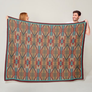 Rust Orange Brown Türkquoise Aquamarin Blue Tribal Fleecedecke