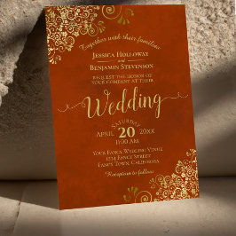 Rust Orange Elegant Gold Curls Calligrafy Wedding Einladung